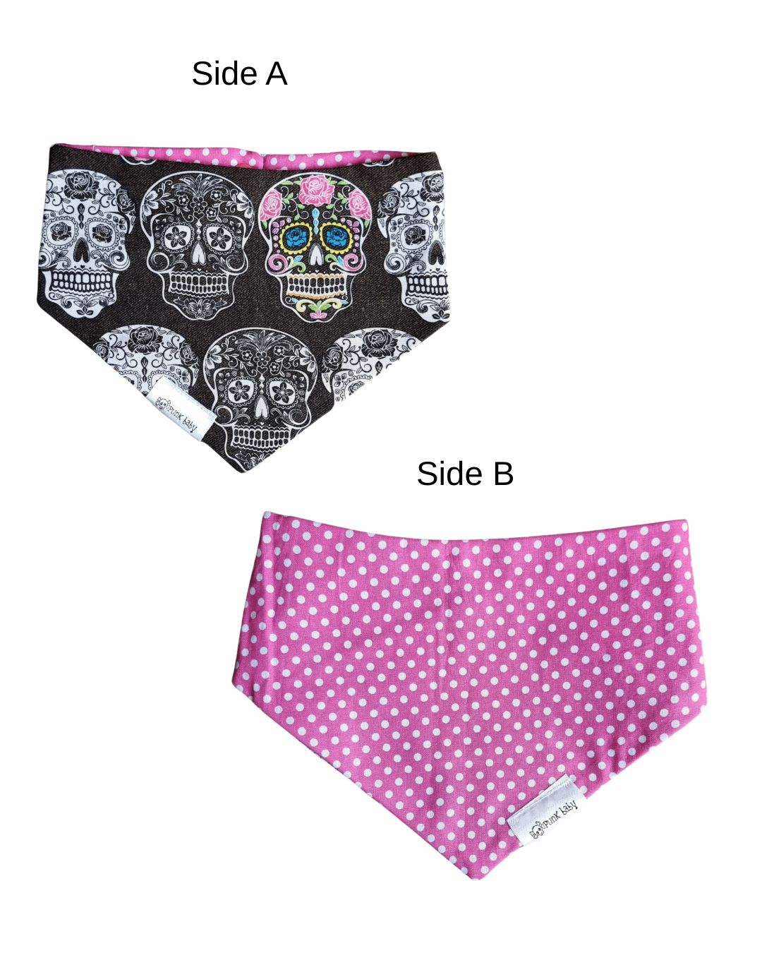 Reversible Bib - Sugar Skulls/Pink Polka Dots
