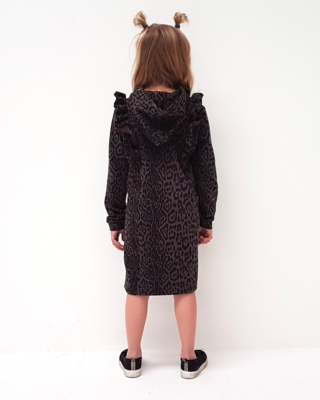 Ruffle Hoodie Dress - Grey Leopard