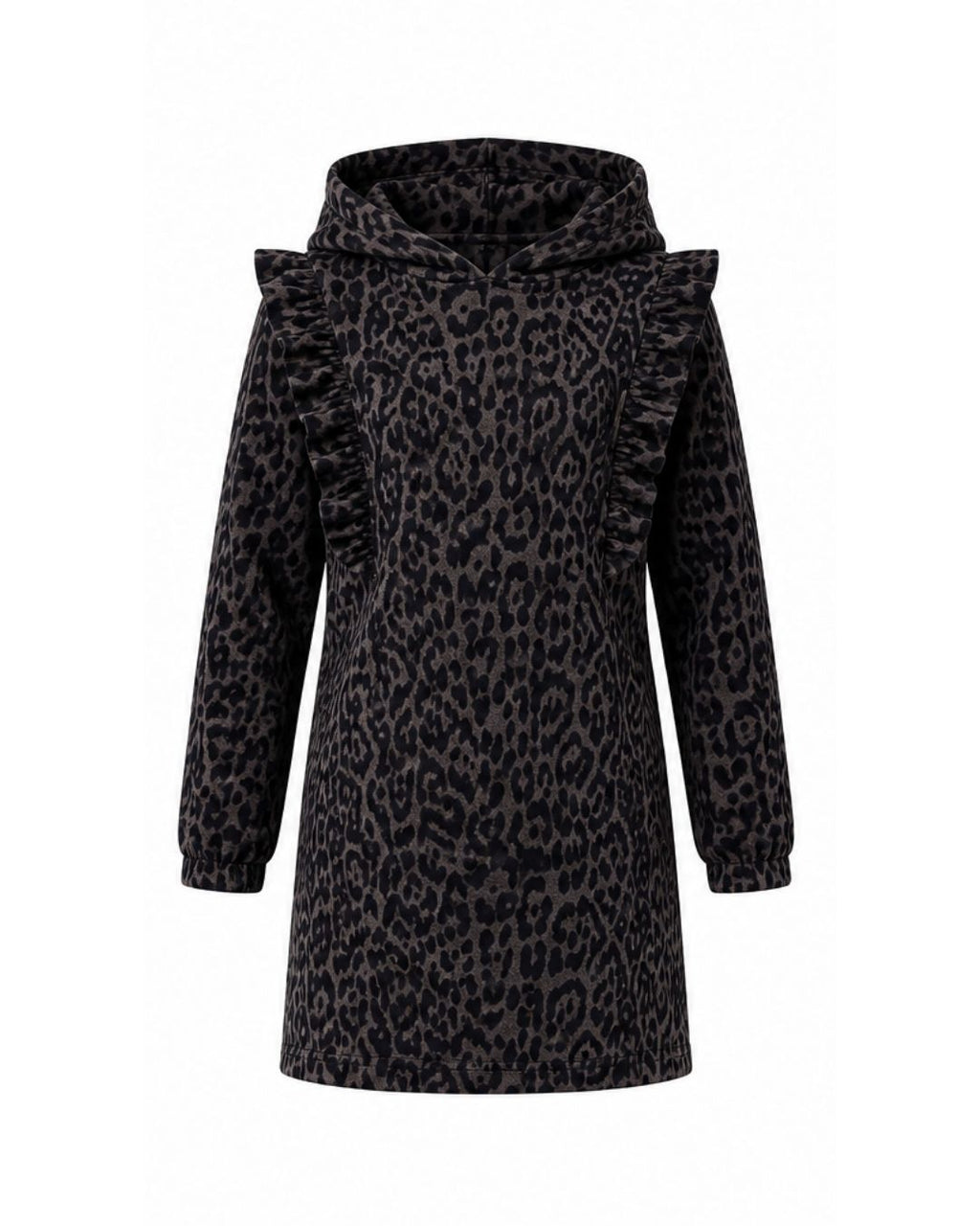 Ruffle Hoodie Dress - Grey Leopard